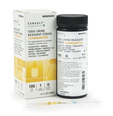 Urine Reagent Strip McKesson Consult™ Leukocytes, Nitrite, Urobilinogen, Protein, pH, Blood, Specific Gravity, Ketone (Acetoacetic Acid), Bilirubin, Glucose 100 Strips
