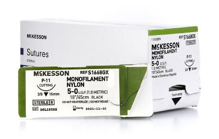 Suture with Needle McKesson Nonabsorbable Black Monofilament Nylon Size 5-0 18 Inch Suture 1-Needle 16 mm 3/8 Circle Reverse Cutting Needle